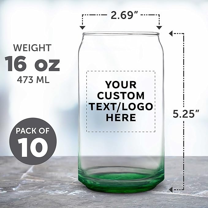 Custom Beer Can Glasses Set of 10, 16 oz. Pint Sized, Promotional Text, Logo, Soda Can Shape, Glassware, Green