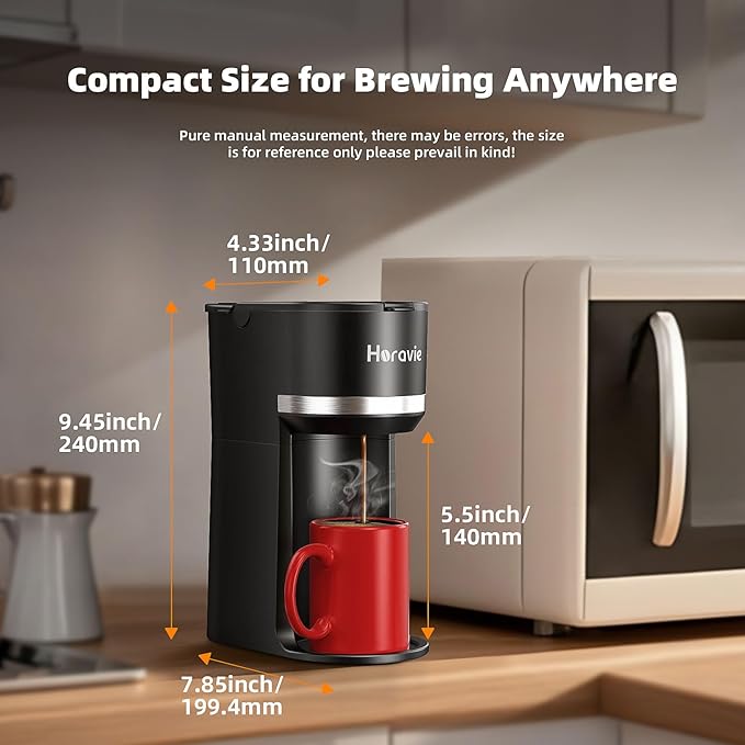 Horavie Small Single Serve Coffee Maker for K Cup and Grounds, Fast Brew One Cup Coffee Machine with One Button, 6 to 12 oz. Brew Sizes, Perfect for Home and Travel, Black - Image 2