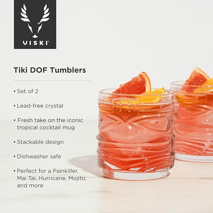Viski Pacific Tiki Glasses Stackable Lowball DOF Tumblers, Tropical Cocktail and Bar Gifts for Rum and Whiskey, 12 Oz, Set of 2 - Image 2