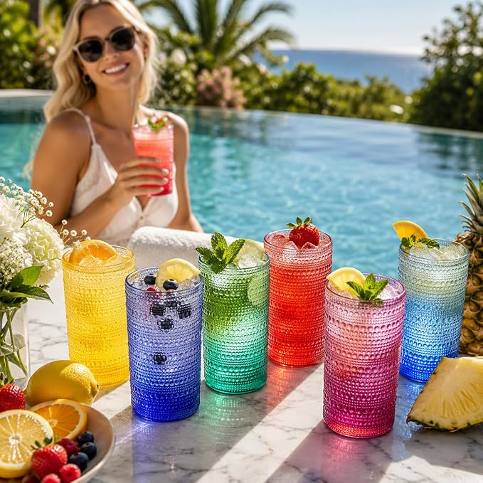 Khen Plastic Hobnail Drinking Highball Glasses Set of 6 Bright Tones Cups 14oz, Shatterproof & Unbreakable Acrylic Beaded Design, BPA-Free, Dishwasher Safe Indoor/Outdoor Drinkware Water, Cocktails - Image 6