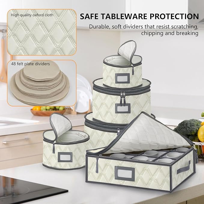 5 Pack China Storage Containers Set (Beige) - Sturdy Quilted Wine Glass & Dish Storage with Dividers - Compact Size - Image 3
