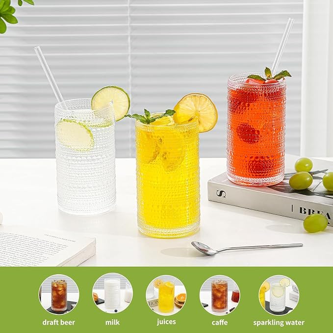 16oz Clear Hobnail Drinking Glasses with Straws Set of 12, Highball Glasses Cups, Kitchen Water Glasses Cup, for Cocktail, Juice, Whiskey, Milk and Various Mixed Drinks - Image 6