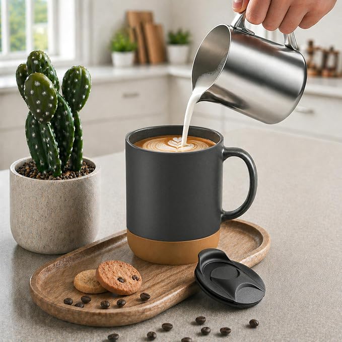 DOWAN Coffee Mugs, 15 oz Upgraded Coffee Mug with Silicone Bottom, Large Ceramic Coffee Mug set of 2 with Spill Proof Lid for Mom Dad, Big Mug for Latte Tea, Matte Grey - Image 7