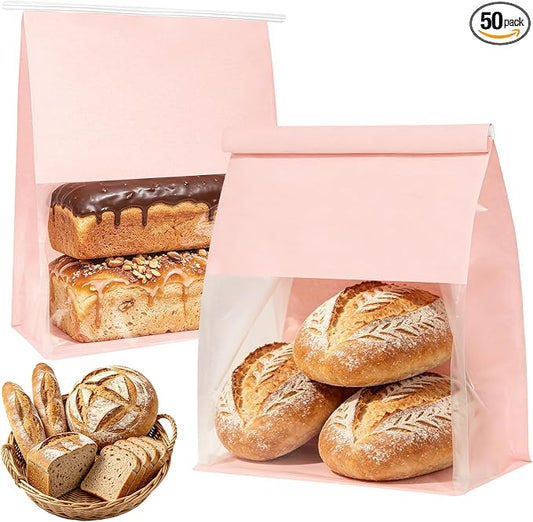 "Funcoo Paper Bread Bags with Tabs for Homemade Sourdough Bread, Pink Bakery Bread Bags with Window/Tin Tie Tab Lock, Large Bakery Loaf Bag for Baked Goods Packaging" (50, X-Large) by FUNCOO