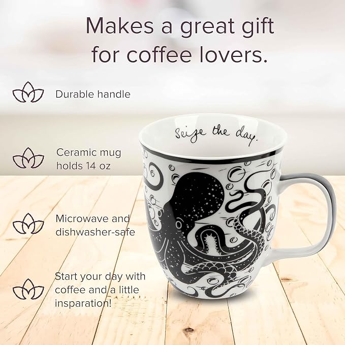 Karma Gifts 14 oz Black and White Boho Mug Octopus - Cute Coffee and Tea Mug - Ceramic Coffee Mugs for Women and Men - Image 2