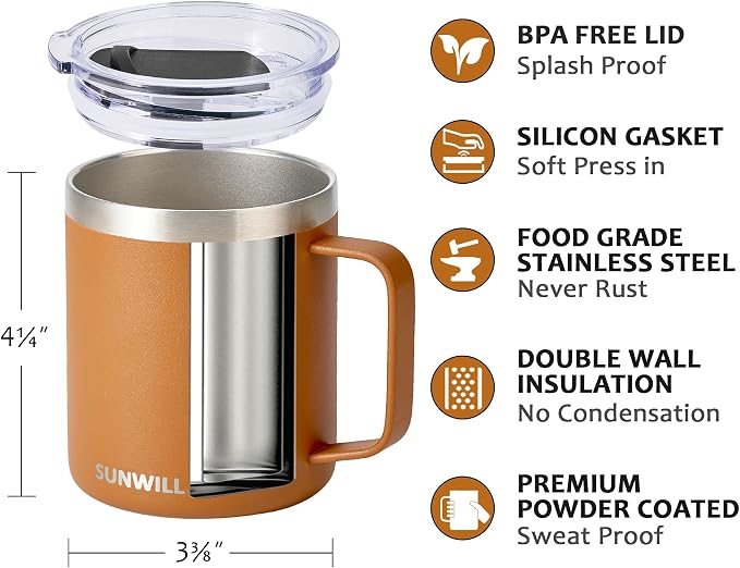 SUNWILL Insulated Coffee Mug with Lid, Travel Tumbler with Handle, 14 oz Stainless Steel Cup for Camping, Office, Home, Powder Coated Caramel - Image 2