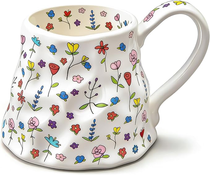 Large Coffee Mug 20 oz, Oversized Cute Floral Ceramic Mug, Big Coffee Mugs with Handle, Vintage Tea Cup for Latte, Cocoa, Milk, Tea, Unique Girly Gift for Women, Home & Office, White Flowers by ACOLIDAS