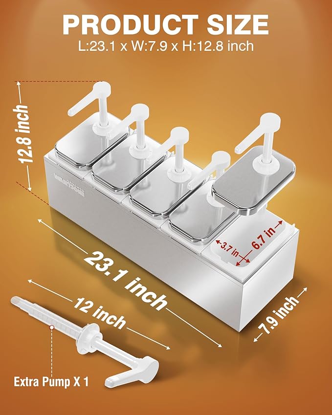 WantJoin Sauce Dispenser with 5 Jars - 2.75QT/2.6L Stainless Steel Condiment Pump Station, Commercial Dispenser for Ketchup, Salad Dressing, Syrup, Jam, Salsa, Restaurant