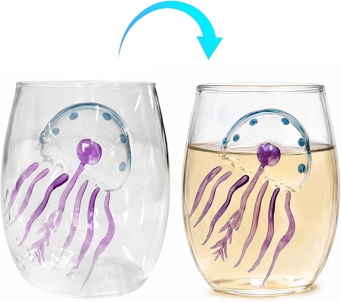 Ocean Themed Jellyfish Hand-Blown Coastal Glassware for Gifts | Ocean Themed Octopus Glassware Hand Blown Coastal Stemless Wine Glasses—Unique Coastal Decor Gift for Ocean Lovers - Image 2