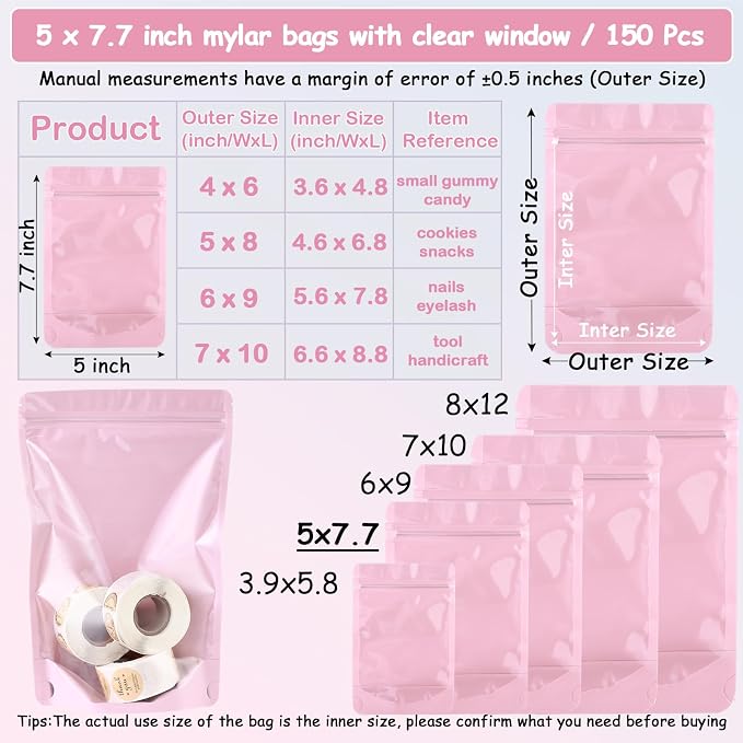 150 Pcs Mylar Bags for Food Storage, 5x8 Mylar Bag with Window Stand Up, Small Holographic Resealable Bags Smell Proof Bag Food Packaging for Small Business Freeze Dried Candy Jewelry Foil Packaging - Image 5
