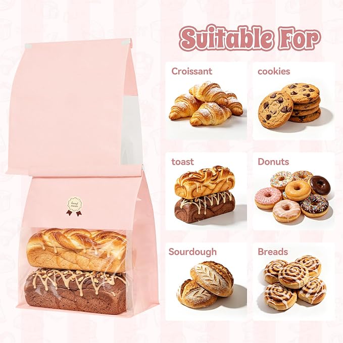 "Funcoo Paper Bread Bags with Tabs for Homemade Sourdough Bread, Pink Bakery Bread Bags with Window/Tin Tie Tab Lock, Large Bakery Loaf Bag for Baked Goods Packaging" (50, X-Large) - Image 4
