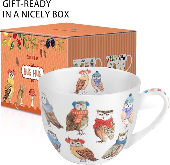 Cute Autumn Owls Coffee Mug, 20 oz Bone China Mugs with Charming Owls in Color Scarves and Hats, Perfect Brithday and Christmas Gift for Bird Enthusiasts, Designed in England by Harvest Green Studio - Image 3