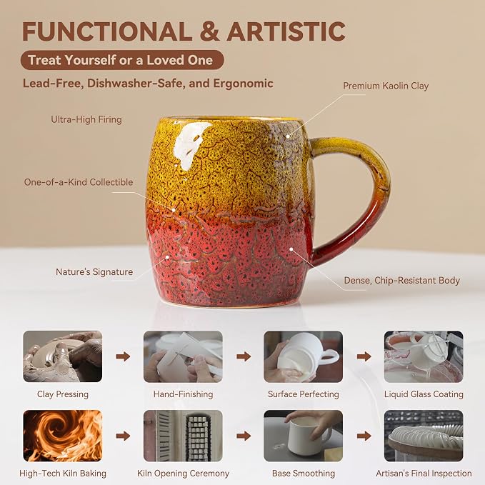 Handmade 22oz Ceramic Coffee Mug, Ergonomic Large Handle, Ideal Gift for Coffee Lovers, Microwave & Dishwasher Safe (Bas-Relief - Yellow&Red) - Image 7