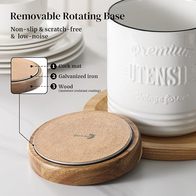 DOWAN 360° Rotating Extra Large Cooking Utensil Holder, 7.6" Kitchen Utensil Holder for Countertop, Utensil Crock for Farmhouse Kitchen Decor, Ceramic Stable Utensil Caddy, White Text - Image 4