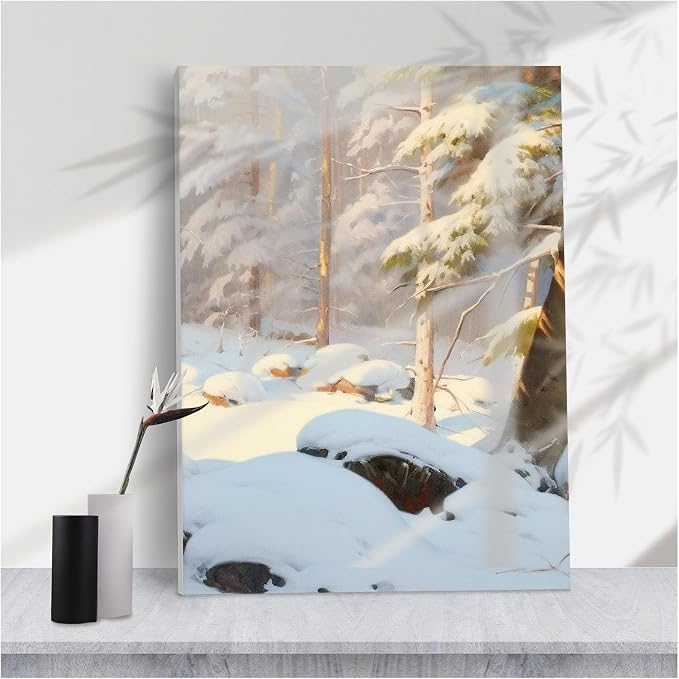 Warm Sunlit Snowy Pine Forest Canvas Print,Serene Winter Landscape for Cabin Decor or Cozy Living Room Wall Art,16''x24'' Framed Modern Canvas Wall Art by Unknown
