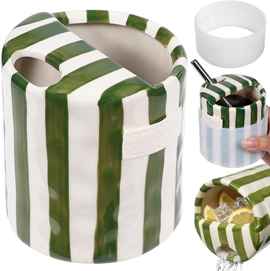 Ceramic Coffee Mug with Sip Hole Espresso Cup 10oz with Straws and Sleeve | 10oz Hand-Painted Striped Travel Mug Microwave & Dishwasher Safe for Coffee Lover - Green with Straw by Yodamiack