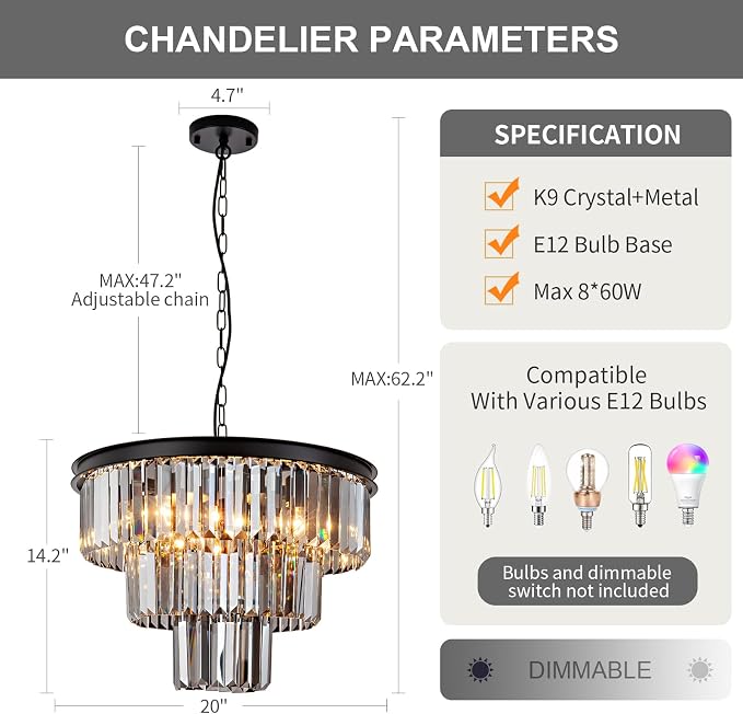8 Light Black Crystal Chandelier 20'' Luxury Smoke Modern Dining Room Light Fixture 3-Tier Round Hanging Pendant Ceiling Lighting for Entryway Foyer Living Room Adjustable Height E12 - Image 3