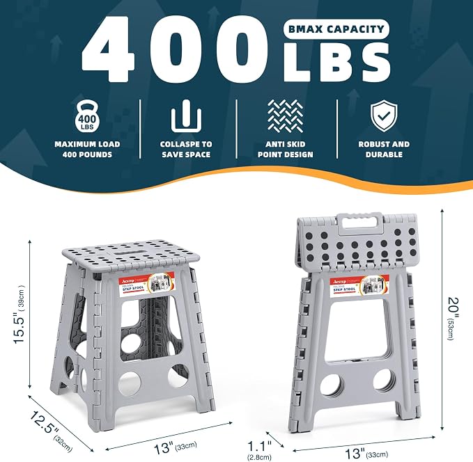 ACSTEP 16 Inch Folding Step Stool, Heavy Duty, 400 lbs, Grey | Lightweight Collapsible Stepping Stool for Adults with Handle, Non-Slip, for Kitchen, Bathroom, Bedroom and Outdoor Use - Image 5