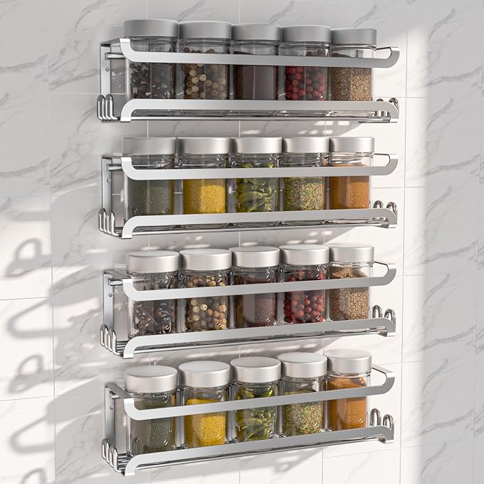LUCYCAZ 4 Pack Wall Mounted Spice Rack for Kitchen Cabinet,RV,Camper,Sliver | 16 Metal Hooks, Space-Saving,Screw or Adhesive Spice Shelf Hanging,for Pantry Door Spice Jars & Seasonings,11.41×2.75×2.36in by LUCYCAZ