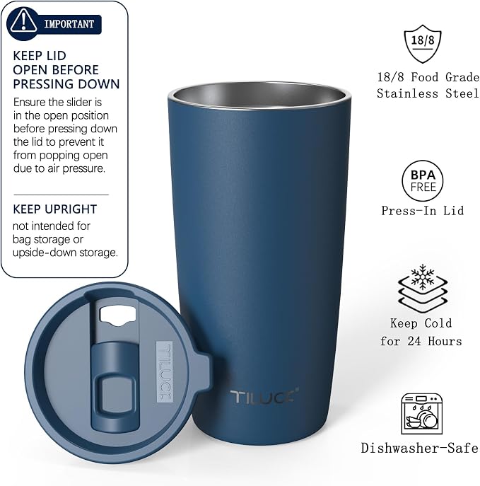 TILUCK 20 oz Insulated Coffee Tumbler with BPA-Free Lid | Travel Coffee Mug, Dishwasher Safe, Cup Holder Friendly, Double-Wall Vacuum Insulation for Hot & Cold Drinks, Matte DarkBlue - Image 2
