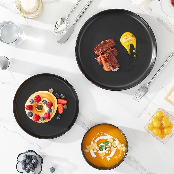 MALACASA 12 Pcs Porcelain Plates and Bowls Sets,Dinnerware Set for 4,Black | Modern Ceramic Dishware Set,Kitchen Dining Ware,Microwave and Dishwasher Safe,Simple Matt Black Design,Series LUNA - Image 7