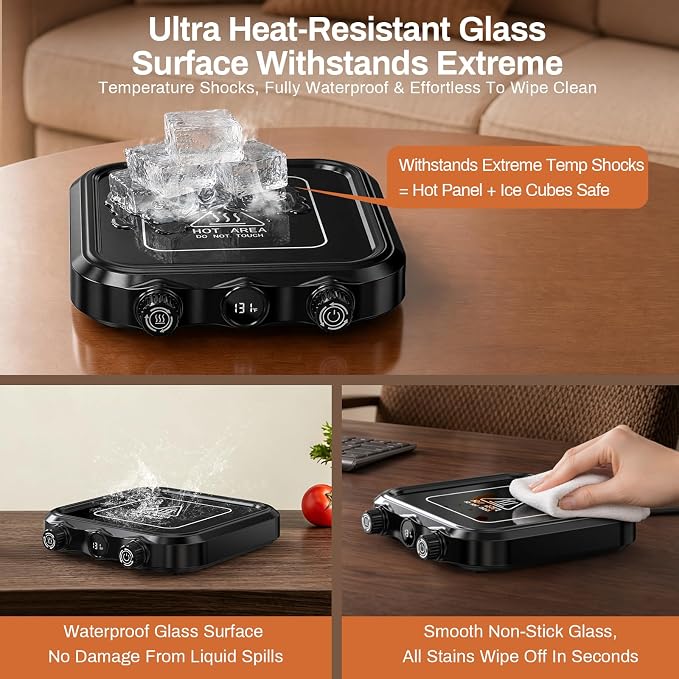Coffee Mug Warmer, 8 Temp Settings, 4H Auto Off, 1-12H Timer, Memory Function, Anti-mistouch Knob, High Temp Resistant Explosion-Proof Glass Panel for Home Office Desk (Black) - Image 3
