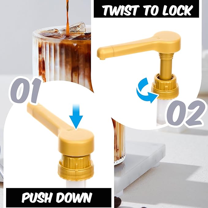 Tanlade 3 Pcs Coffee Syrup Pump Dispenser Sauce Dispenser Pumps for Syrup Bottles 64 Oz, Gold