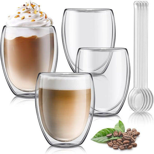 Joeyan 12oz Double Walled Glass Coffee Mugs Set of 4, Insulated Latte Glasses for Hot or Cold Drinks, Clear Glass Coffee Cups with Spoon for Espresso Iced Tea Cappuccino Macchiato Juice