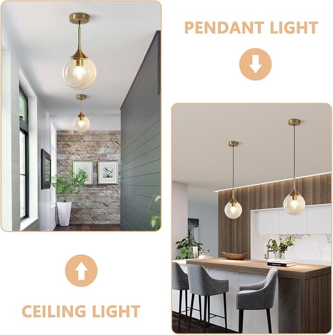 KCO Lighting Mid Century Modern Kitchen Island Pendant Lighting Gold 1-Light Amber Glass Globe Pendant Light Brushed Brass Large Living Room Pendant Light Fixture (2 Pack) - Image 3
