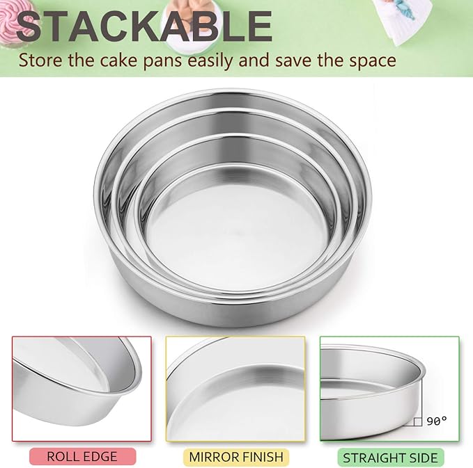 E-far Cake Pan Set of 3 (6 inch/8 inch/9½ inch), Stainless Steel Round Layer Cake Baking Pans, Perfect for Birthday Wedding Tier Cake, Non-Toxic & Healthy, Mirror Finish & Dishwasher Safe - Image 3
