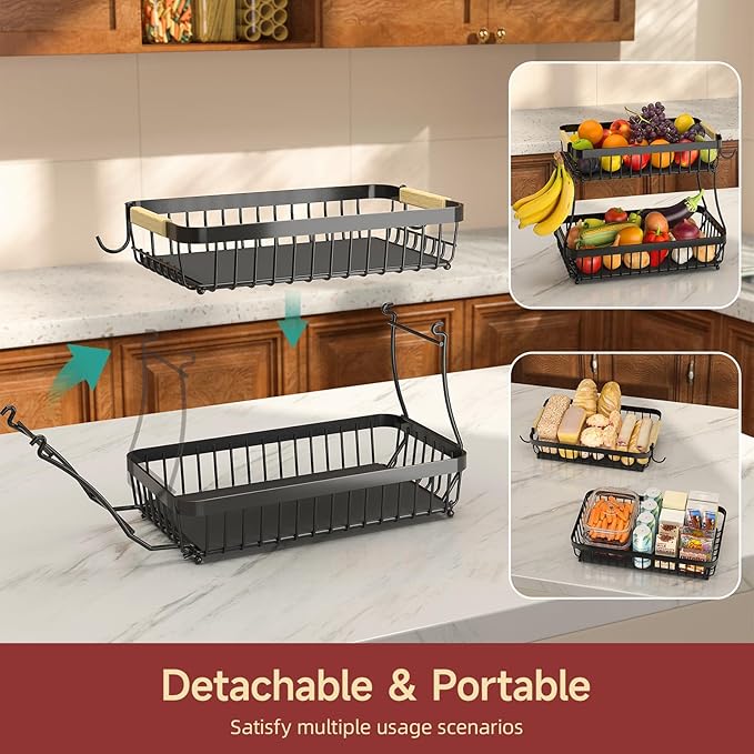 2-Tier Fruit Basket with Banana Hangers, Detachable Metal Bowl | Wooden handle, protective mats included. Versatile holder for bread, snacks, and veggies. Extra Large 2 tier metal design. - Image 3