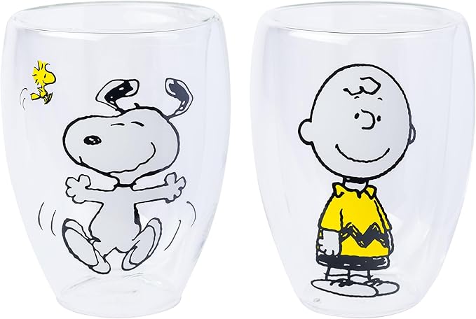 Silver Buffalo Peanuts Snoopy, 2 Pack Double Walled Glass Set, 12.5oz | Piece, Woodstock and Charlie Brown, 0.37 Liters by SilverBuffalo