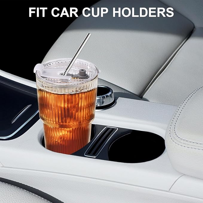 Iced Coffee Cups with Lids and Straws, 20 OZ Glass Tumbler with Straw and Lid, Clear Ribbed Glass Cups Reusable to Go Coffee Tumbler for Matcha, Smoothie, Cocktail,Latte, 4 Pcs