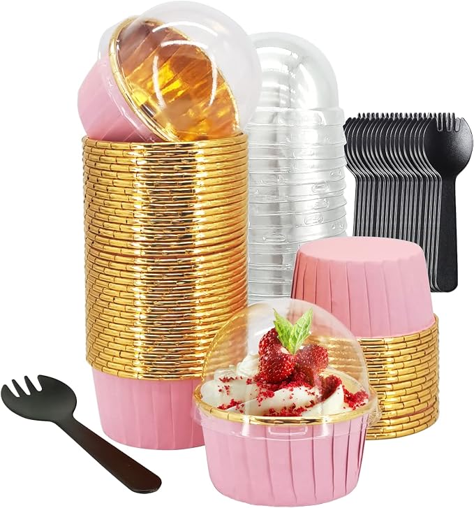 Cupcake Liners with Lids 50 Pack,LNYZQUS 5oz Large Foil Cupcake Cups Muffin Tins,Disposable Baking Cups Muffin Liners Wrappers Holders for Wedding Valentine-Pink in gold by LNYZQUS