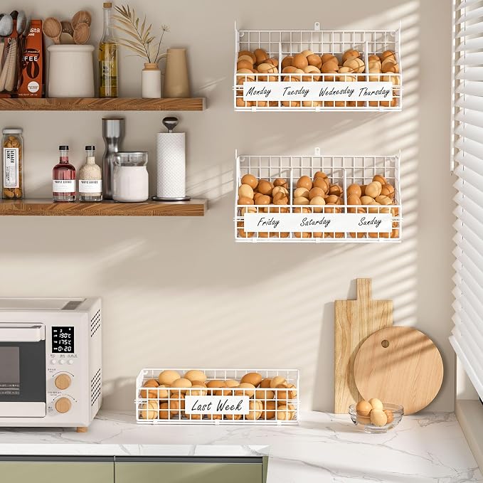 Egg Holder Countertop with 5 Dividers & DIY Nameplate to Separate Eggs | 3 Tier Stackable Wire Storage Baskets for Gathering Fresh Eggs, Wall-Mounted XXL Egg Rack, White (Patent Pending) - Image 2