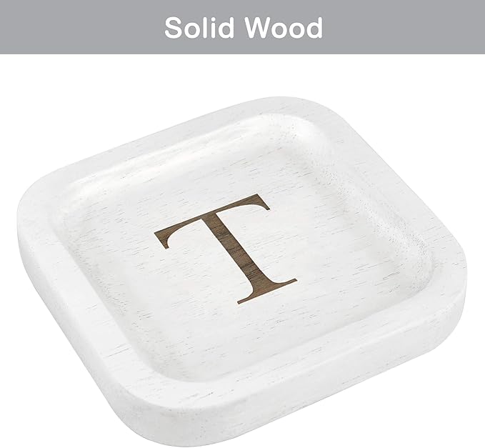 I'm Wooden Personalized Letter Catchall Valet Tray Trinket Dish Jewelry Tray Key Bowl Decorative Plate Organizing Ring Earrings Necklaces Bracelet Watch Coins Wallet Holder (6"x6" Sq White T)
