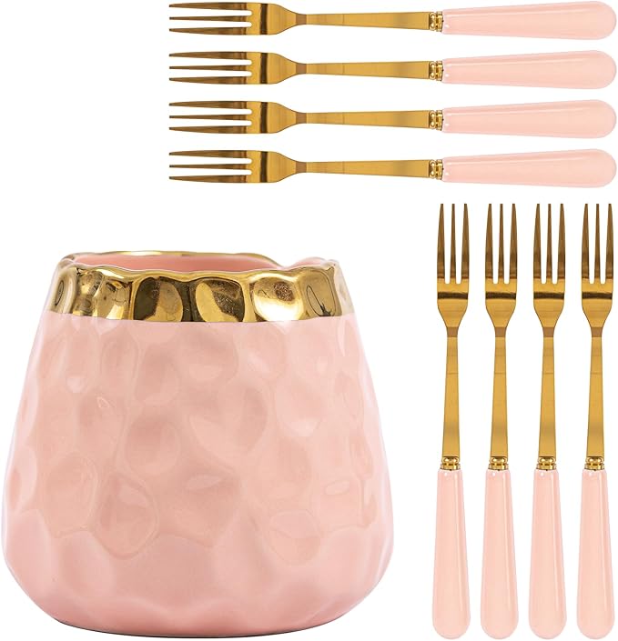 Dessert Fork Set,Ceramic Jar with 8 Small Forks for Fruit,Salad,Appetizer,Cake,Flatware Set (Pink jar+8 forks)