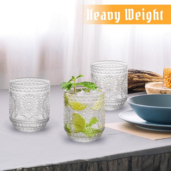 Topsky Clear Vintage Drinking Glass Set of 6,12 oz Embossed Floral Decorative Glassware Set,Glass Cups Wine Glasses Beverages Tumblers Colored Glassware for Whisky,Beer,Juice,Cocktail,Heavy Duty - Image 3