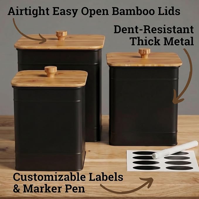 Kitchen Canisters for Countertop Set of 3 w/ Chalkboard Labels & Marker Pen | Airtight Easy Open Bamboo Lids, Dent-Resistant Thick Metal, Customizable Chalkboard Labels, Marker Pen Included, Set of 3 - Image 2
