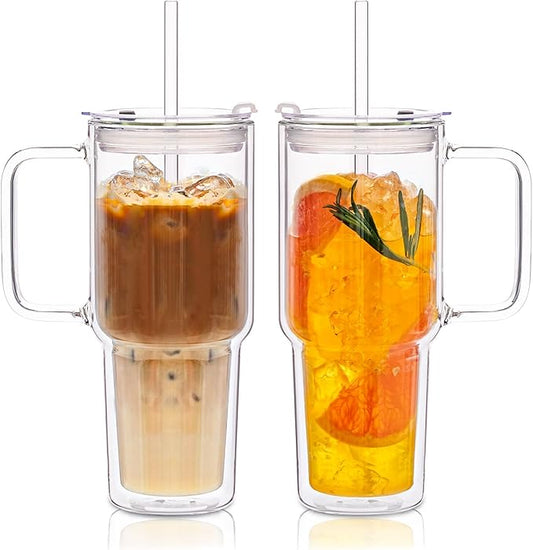 KEMORELA 2 Pack 28oz Double Wall Glass Tumblers with Handle, Lids & Straws – Large Insulated Clear Borosilicate Glass Cups for Iced Coffee, Smoothies, Bubble Tea & Cold Beverages