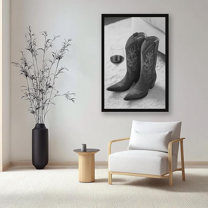 UXCBIA Cowboy Boots And Red Wine, Western Aesthetic, Black And White, Modern Fashion Poster Canvas Poster Bedroom Decor Sports Landscape Office Room Decor Gift Black Frame 24x36in(60x90cm) - Image 7