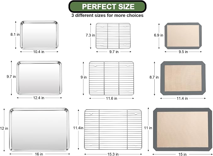 Baking Sheet Tray Cooling Rack with Silicone Mat Set, Stainless Steel Cookie Pan For Oven, Set of 9 (3 Sheets + 3 Racks Mats), Warp Resistant & Heavy Duty & Easy Clean, Grey - Image 2
