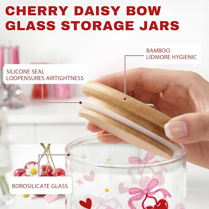 Pink Cherry Glass Storage Jars with Lids, Candy Cookie Jars, 3 Pcs | Pink Cherry Candy Cookie Jars Gift Bow Coquette Kitchen Decor Canister Cute Kitchen Containers Gifts for Sugar - Image 4