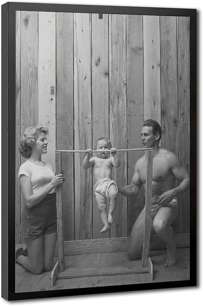 UXCBIA Baby Doing Pull-ups, Bodybuilder Family Black And White Retro Poster Canvas Poster Wall Art Decor Print Picture Paintings for Living Room Bedroom Decoration Black Frame 20x30in(50x75cm) by Unknown
