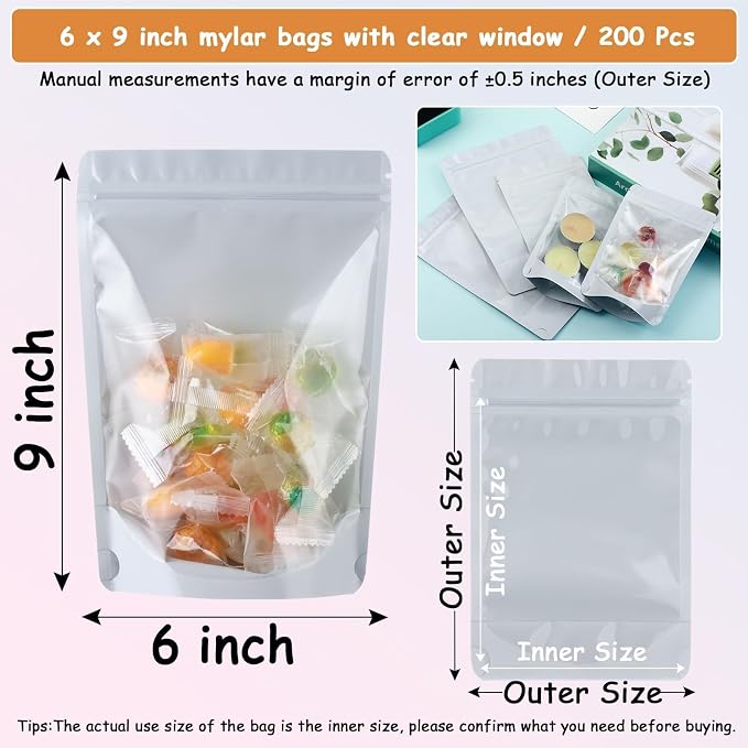 200 Mylar Bags for Food Storage 6X9 Mylar Bags with Window Candy Packaging Resealable Bags White Stand Up Pouches Edible Packaging for Small Business - Image 5