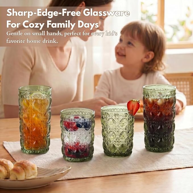 Green Drinking Glasses Set of 12, 12 Oz Highball & 10 Oz Cocktail Glasses, Green Kitchen Vintage Glassware Set, Floral Embossed Glass Tumbler Cups for Beer, Juice, Whiskey, Coffee(Gem) - Image 6
