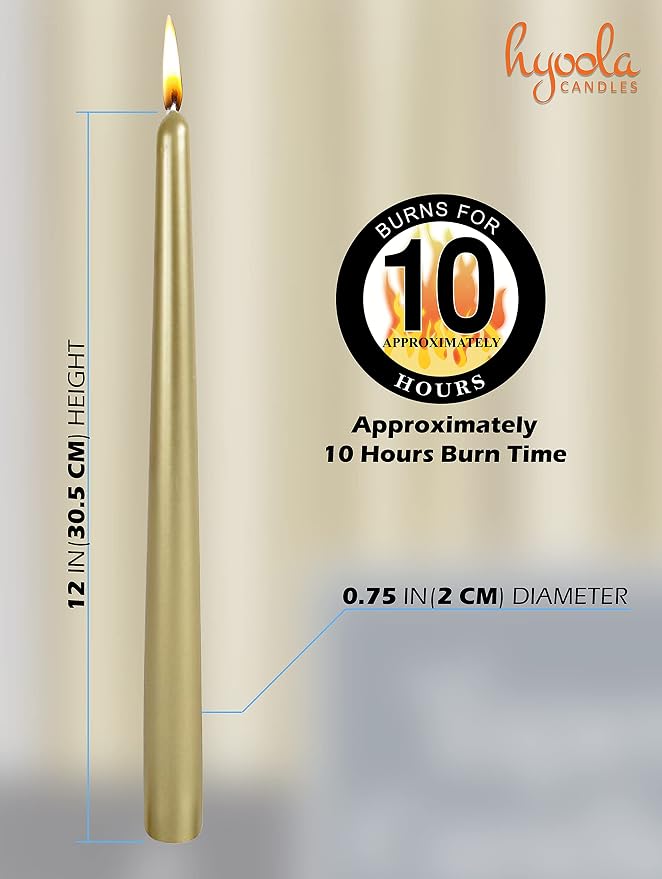 Hyoola Tall Metallic Cream Gold Taper Candles - 12 Inch - Dripless - 12 Pack - 10 Hour Burn Time - Image 3