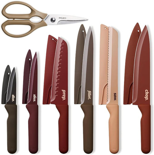 CAROTE Kitchen Knife Set, 6 Floral Knives with 6 Blade Guards, 12-Piece | Stainless Steel Blades, Ceramic Nonstick Coating, Long-Lasting Sharpness, Rust-Resistant, Non-Slip, Dishwasher Safe by CAROTE