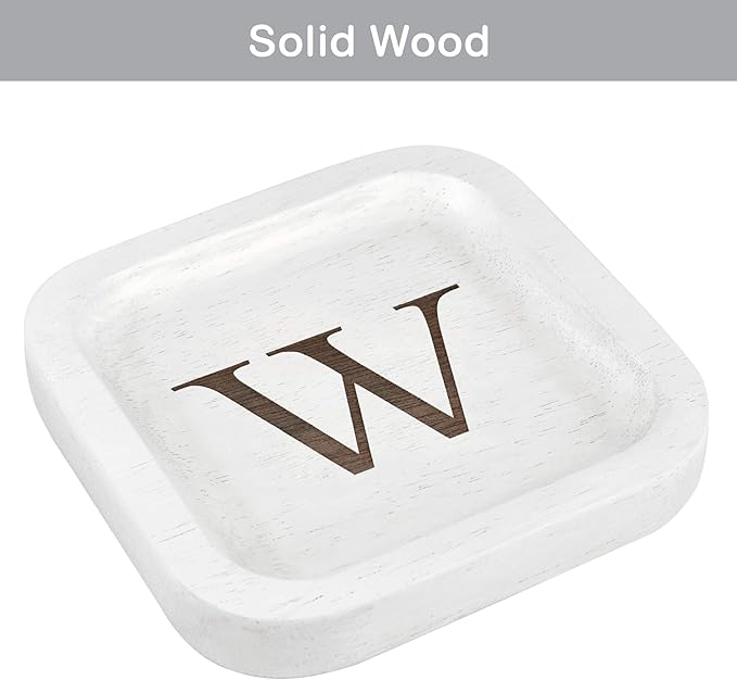 I'm Wooden Personalized Letter Catchall Valet Tray Trinket Dish Jewelry Tray Key Bowl Decorative Plate Organizing Ring Earrings Necklaces Bracelet Watch Coins Wallet Holder (6"x6" Sq White W)