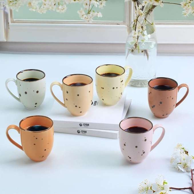 Esfour Ceramics Coffee Mugs Set Of 6, 14 Oz Large Handle Heavy Duty Cups - Microwave Dishwasher Safe - Latte, Cappuccino, Tea, Cocoa, Mocha - Men, Women, Home Office Daily Use, Blossom Assorted Colors - Image 5